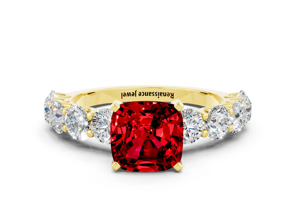 Yellow gold Cushion Cut Ruby Prong Setting with Side Stones on a Pave Band