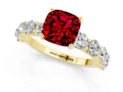 Yellow gold Cushion Cut Ruby Prong Setting with Side Stones on a Pave Band_1