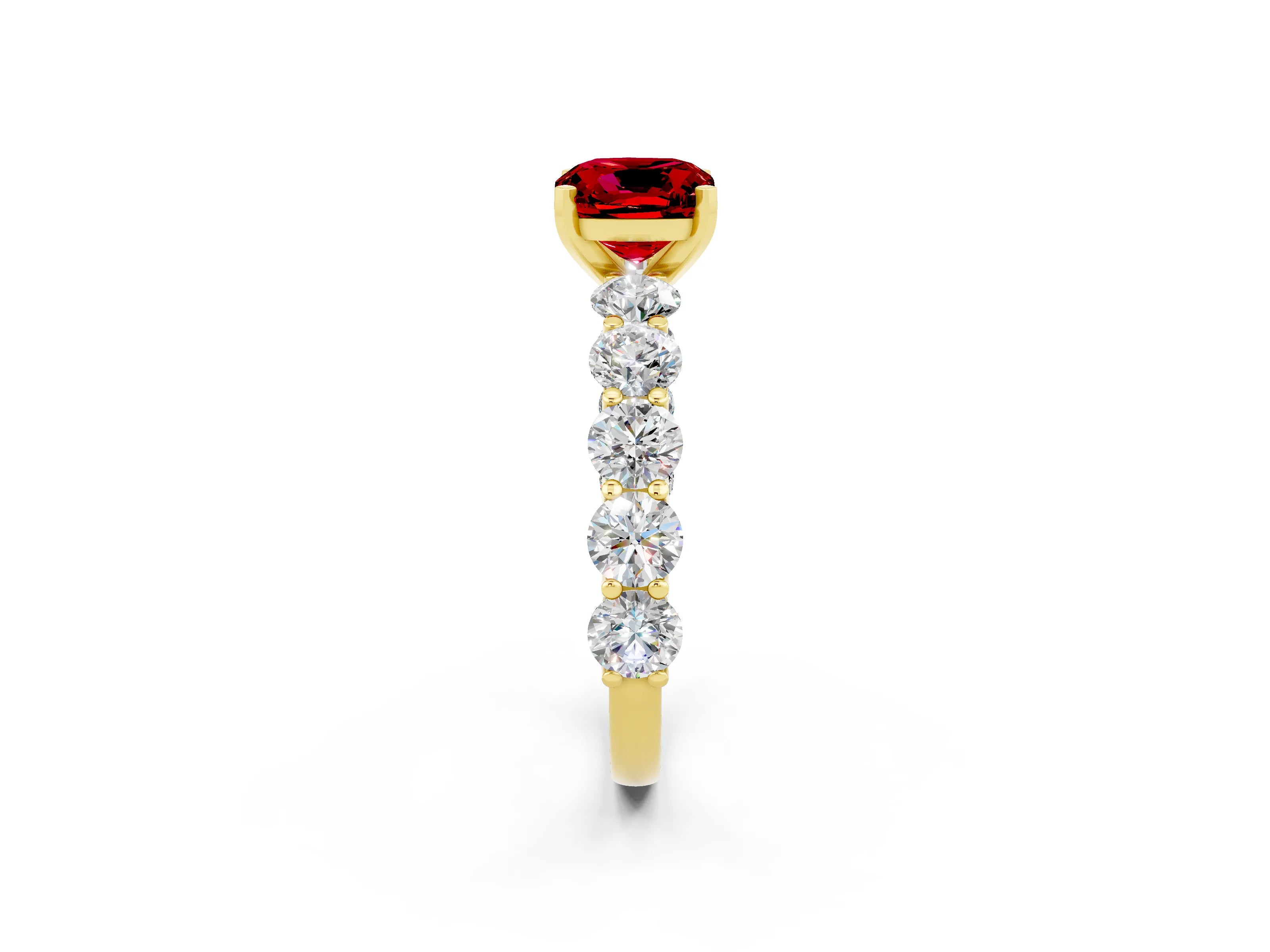 Yellow gold Cushion Cut Ruby Prong Setting with Side Stones on a Pave Band_2