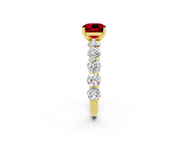Yellow gold Cushion Cut Ruby Prong Setting with Side Stones on a Pave Band
