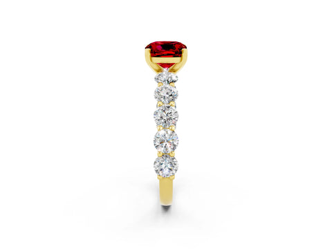 Yellow gold Cushion Cut Ruby Prong Setting with Side Stones on a Pave Band_2