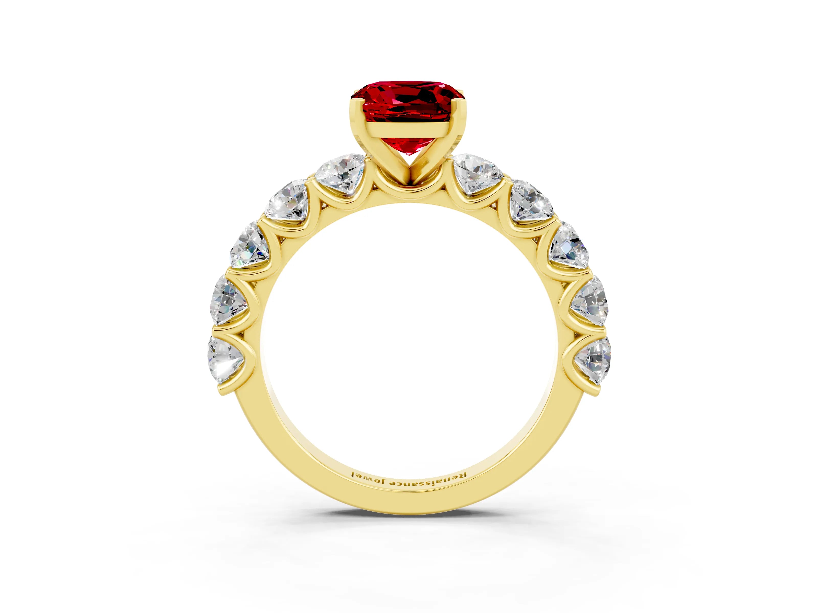 Yellow gold Cushion Cut Ruby Prong Setting with Side Stones on a Pave Band_3