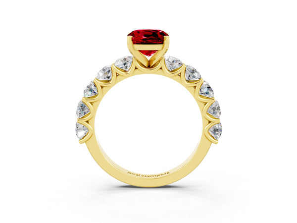 Yellow gold Cushion Cut Ruby Prong Setting with Side Stones on a Pave Band
