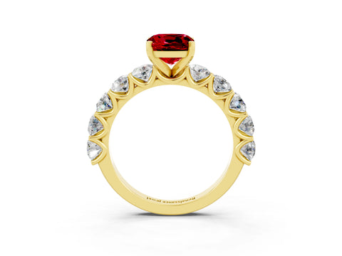 Yellow gold Cushion Cut Ruby Prong Setting with Side Stones on a Pave Band_3