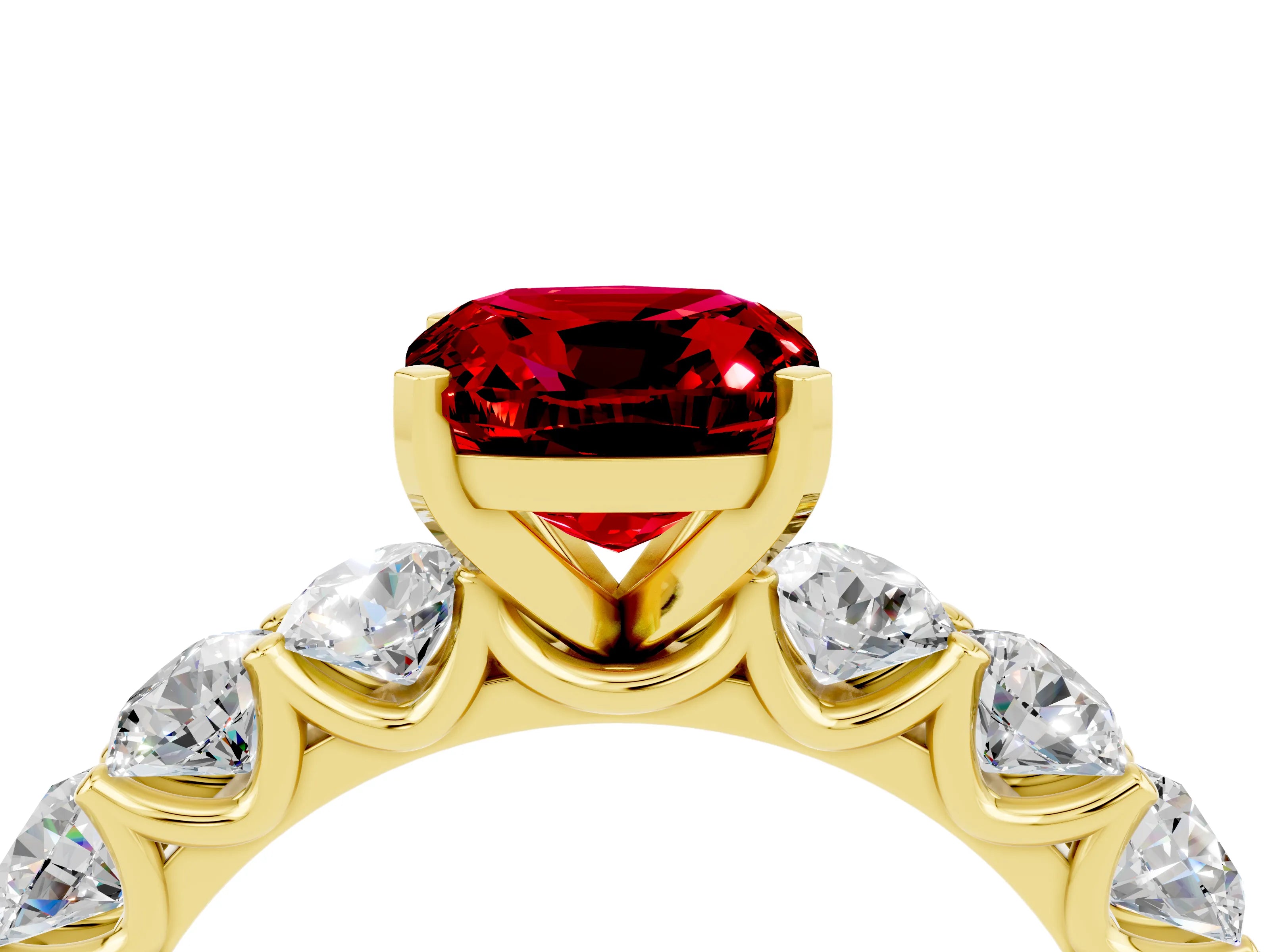 Yellow gold Cushion Cut Ruby Prong Setting with Side Stones on a Pave Band_4