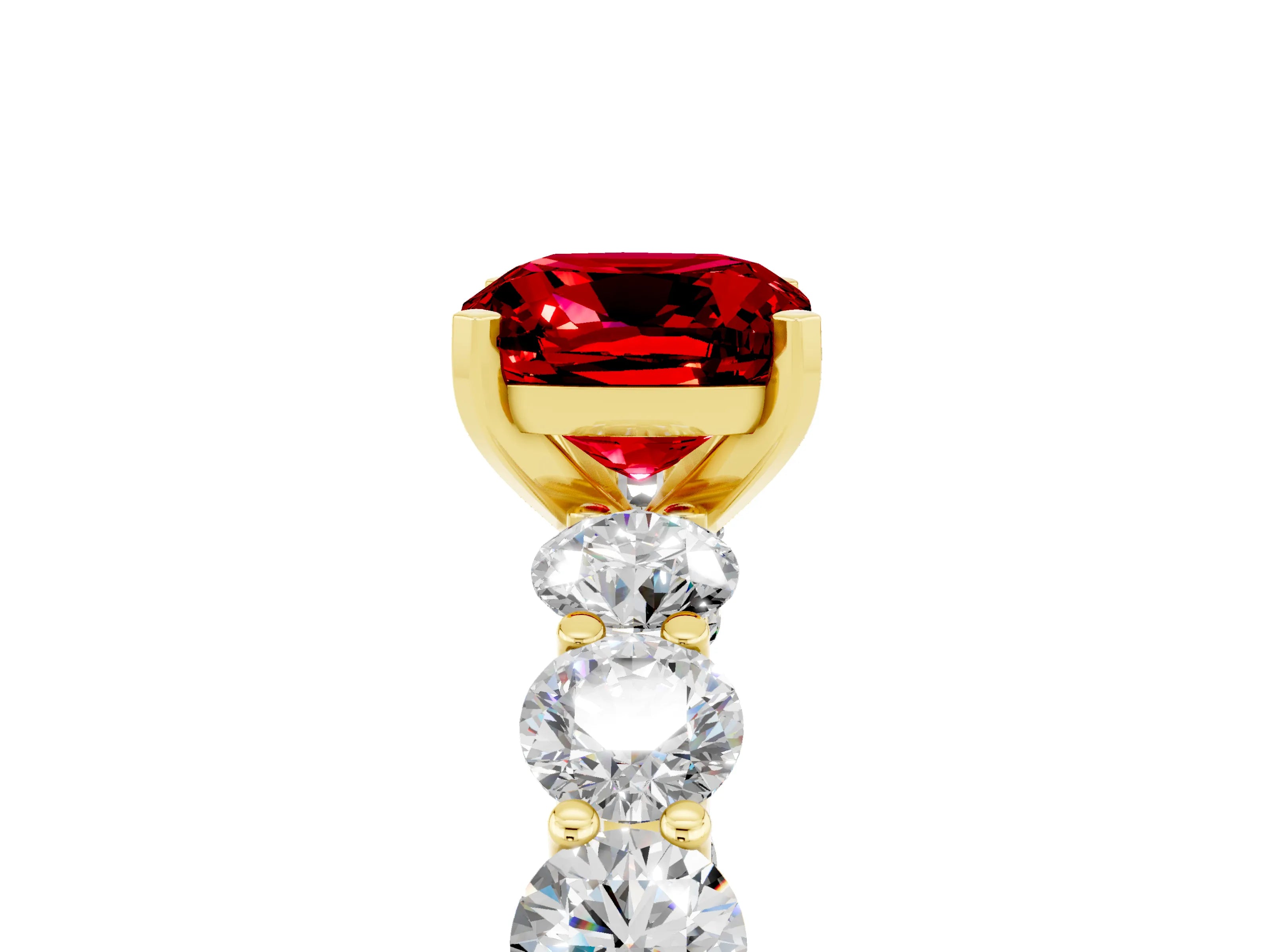 Yellow gold Cushion Cut Ruby Prong Setting with Side Stones on a Pave Band_5
