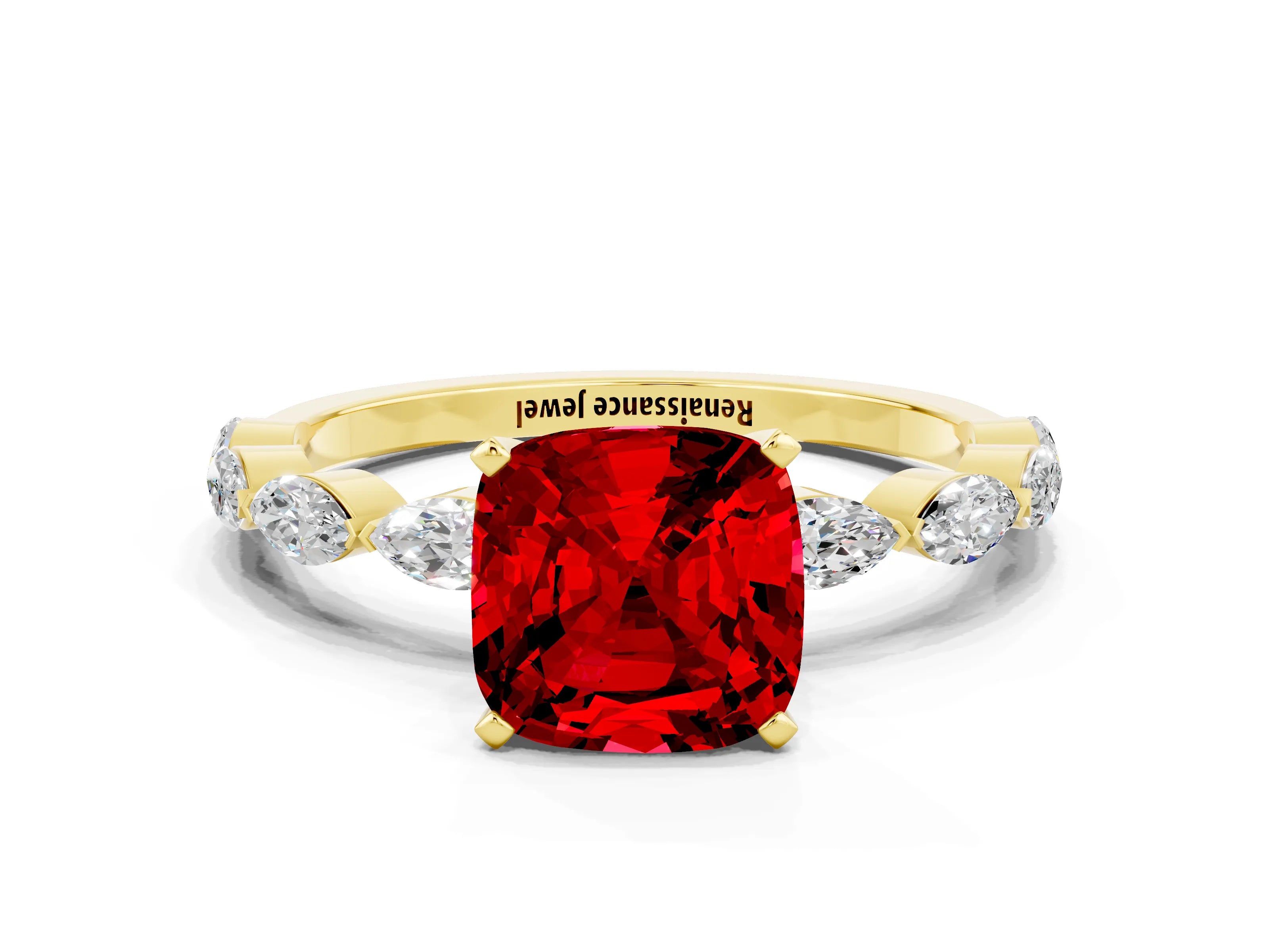 Yellow gold Cushion Cut Ruby Ring with Marquise Side Stones and Prong Setting