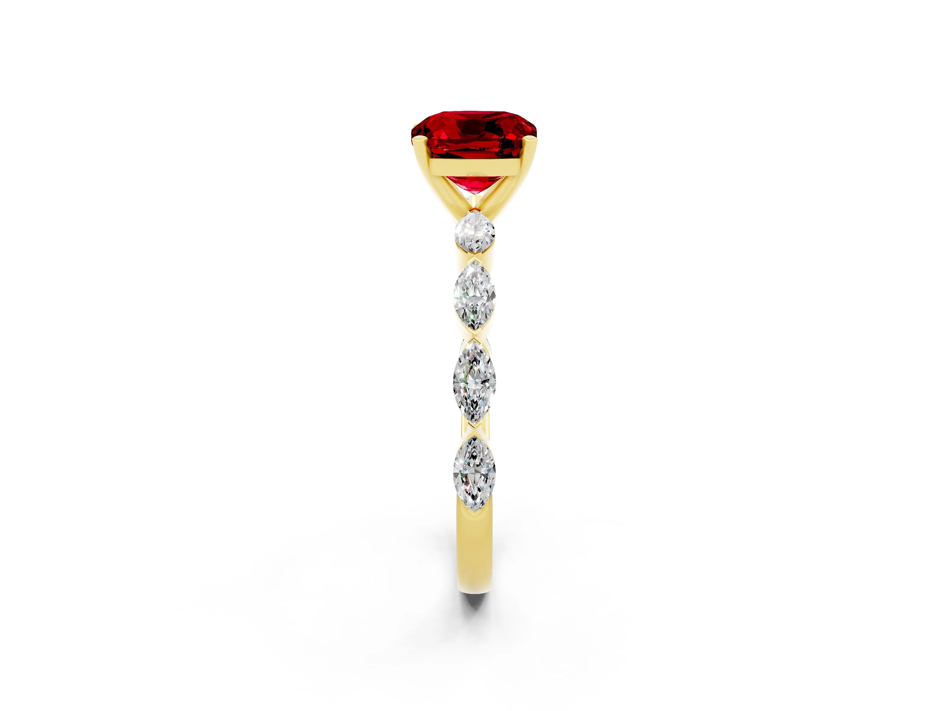 Yellow gold Cushion Cut Ruby Ring with Marquise Side Stones and Prong Setting_2