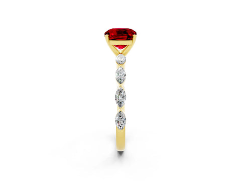 Yellow gold Cushion Cut Ruby Ring with Marquise Side Stones and Prong Setting_2