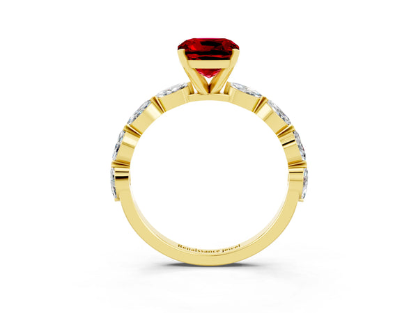 Yellow gold Cushion Cut Ruby Ring with Marquise Side Stones and Prong Setting