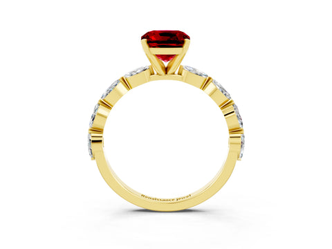 Yellow gold Cushion Cut Ruby Ring with Marquise Side Stones and Prong Setting_3