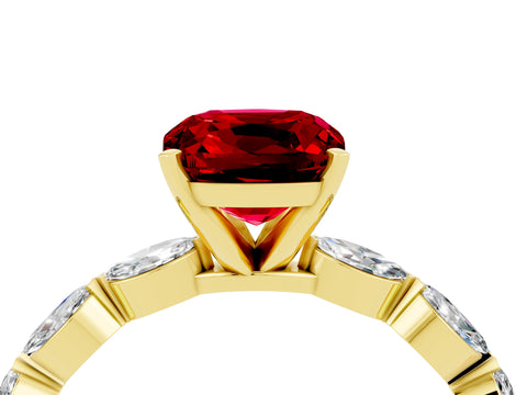 Yellow gold Cushion Cut Ruby Ring with Marquise Side Stones and Prong Setting_4