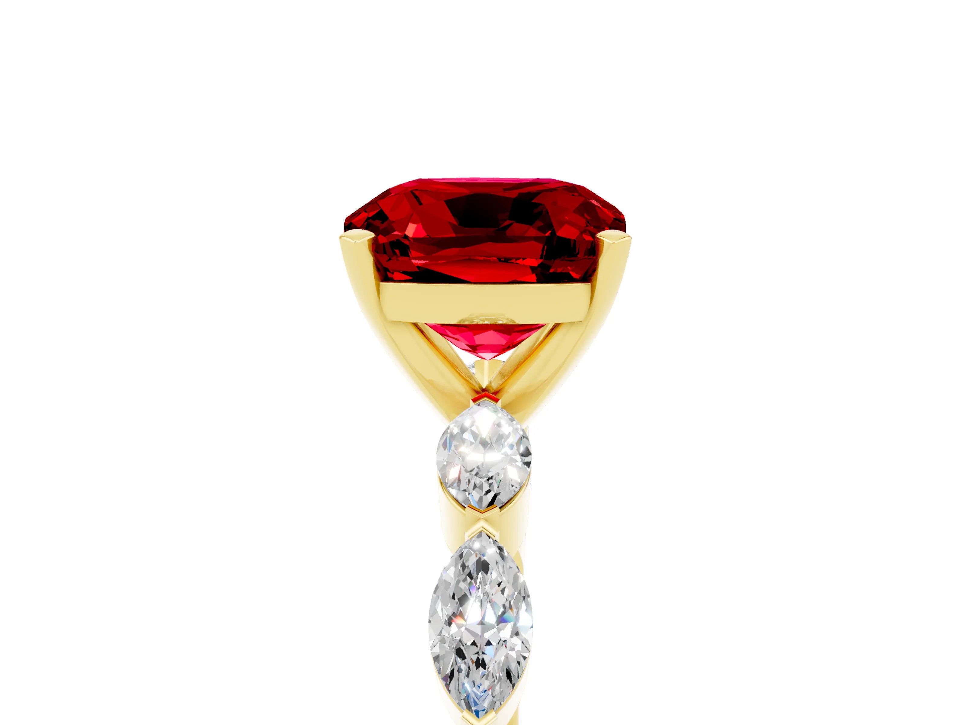 Yellow gold Cushion Cut Ruby Ring with Marquise Side Stones and Prong Setting_5