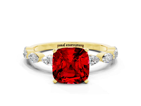 Yellow gold Cushion Cut Ruby Ring with Marquise Side Stones and Prong Setting