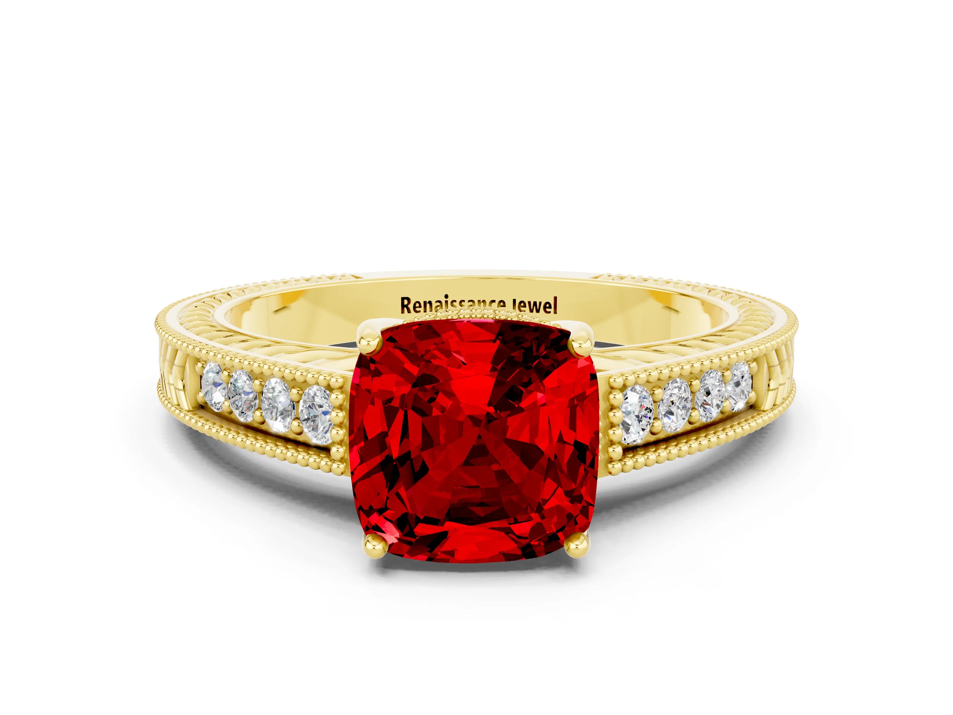 Yellow gold Cushion Cut Ruby Ring with Milgrain Pavé Band and Four-Prong Setting_12