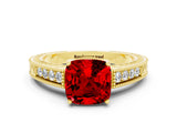 Yellow gold Cushion Cut Ruby Ring with Milgrain Pavé Band and Four-Prong Setting_12