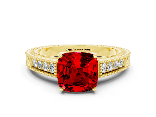 Yellow gold Cushion Cut Ruby Ring with Milgrain Pavé Band and Four-Prong Setting