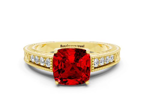 Yellow gold Cushion Cut Ruby Ring with Milgrain Pavé Band and Four-Prong Setting_12
