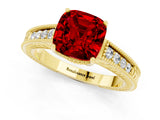 Yellow gold Cushion Cut Ruby Ring with Milgrain Pavé Band and Four-Prong Setting_13