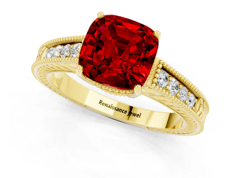 Yellow gold Cushion Cut Ruby Ring with Milgrain Pavé Band and Four-Prong Setting_13