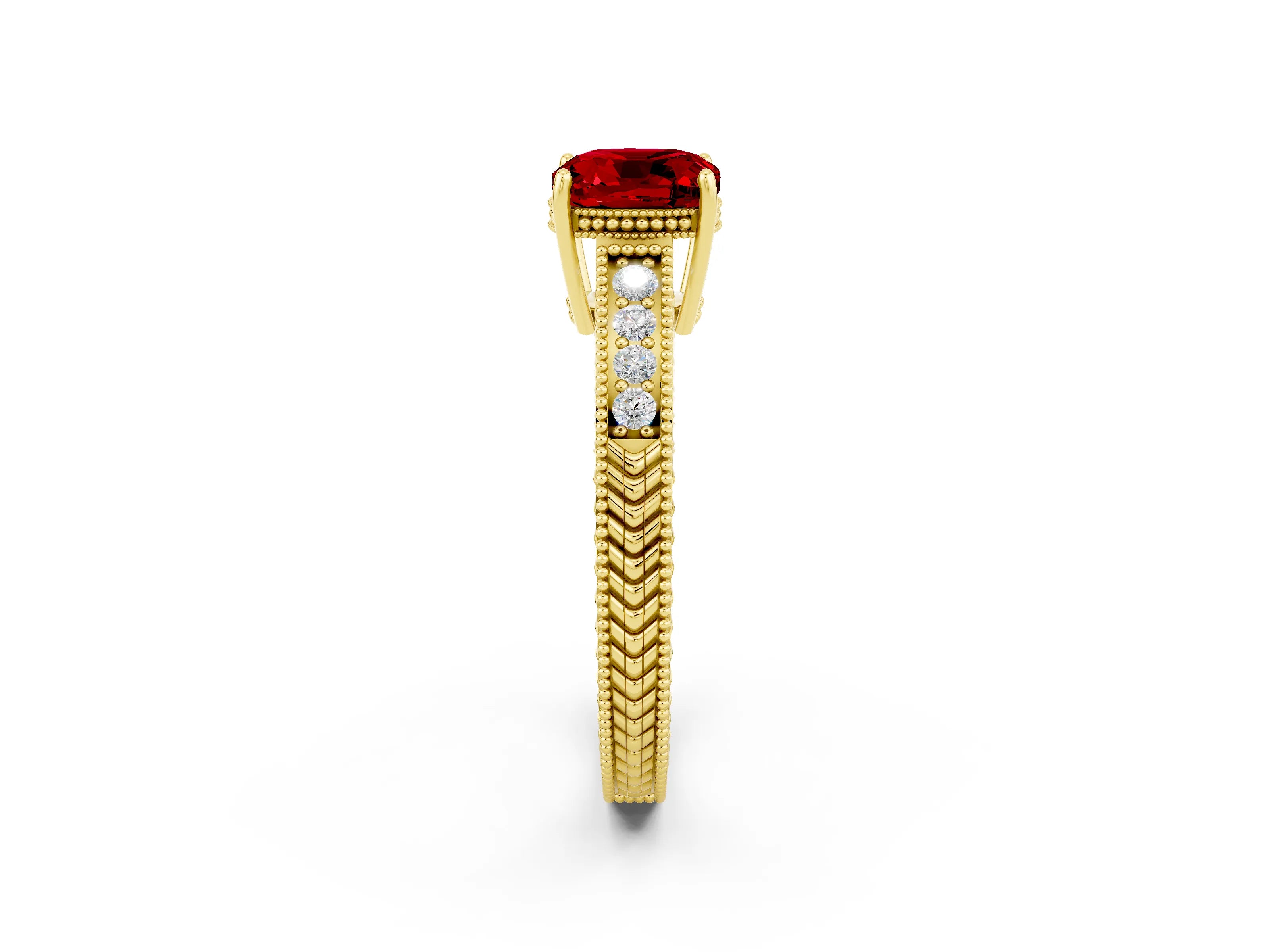 Yellow gold Cushion Cut Ruby Ring with Milgrain Pavé Band and Four-Prong Setting_14