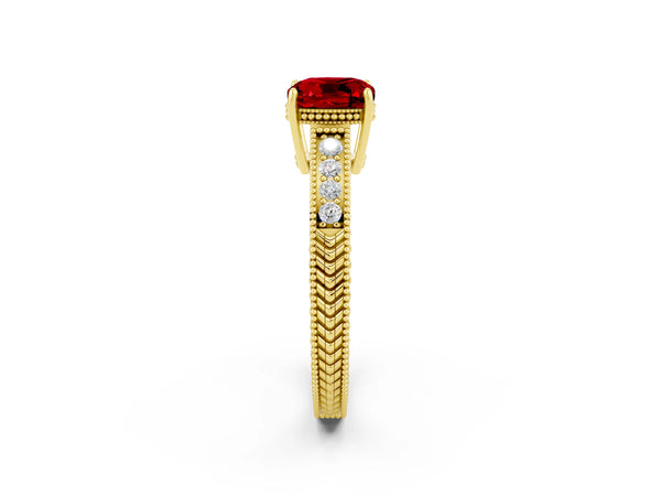 Yellow gold Cushion Cut Ruby Ring with Milgrain Pavé Band and Four-Prong Setting