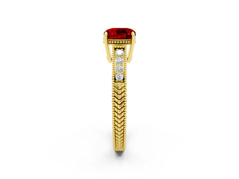 Yellow gold Cushion Cut Ruby Ring with Milgrain Pavé Band and Four-Prong Setting_14