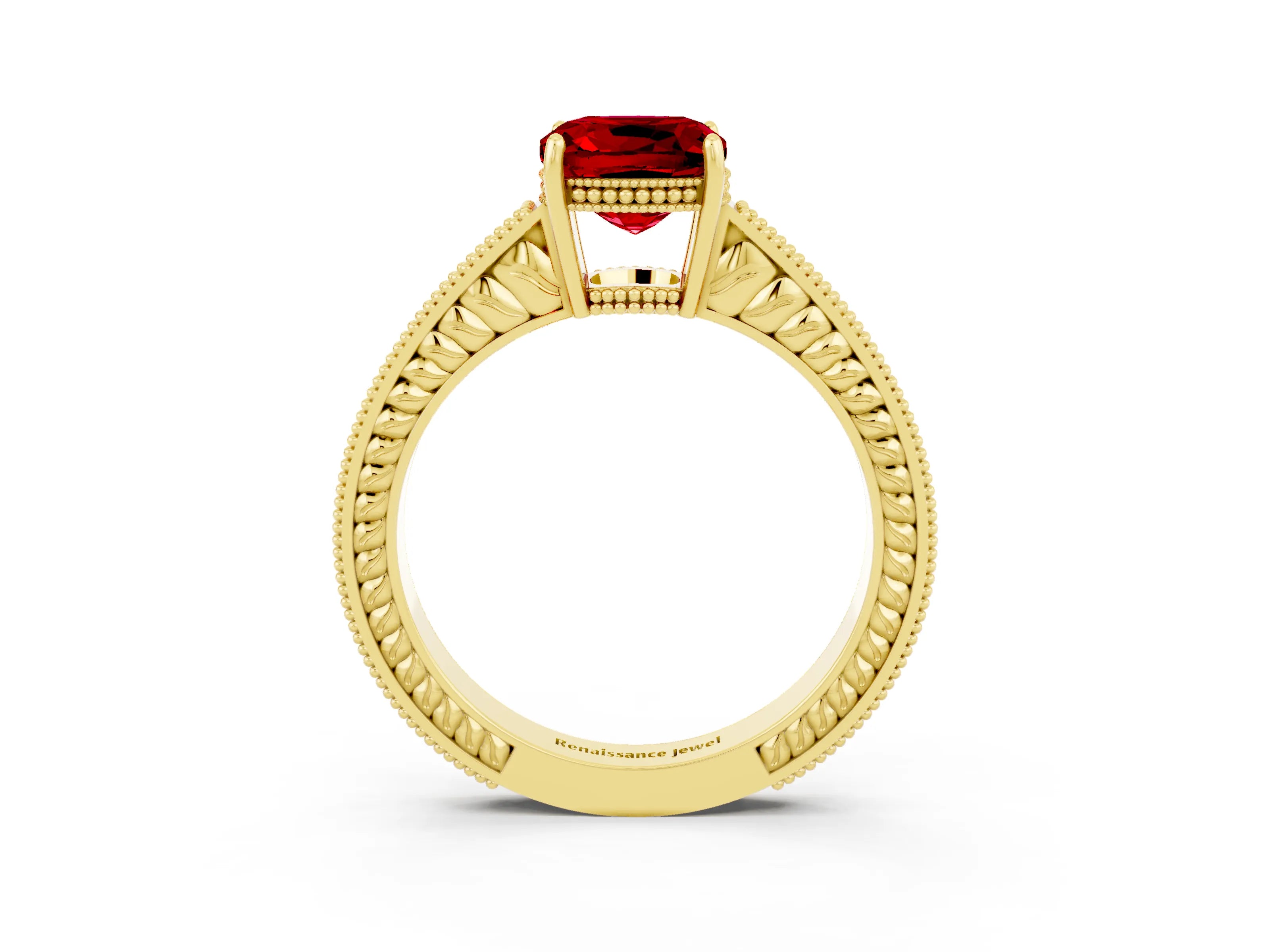 Yellow gold Cushion Cut Ruby Ring with Milgrain Pavé Band and Four-Prong Setting_15