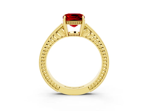 Yellow gold Cushion Cut Ruby Ring with Milgrain Pavé Band and Four-Prong Setting_15
