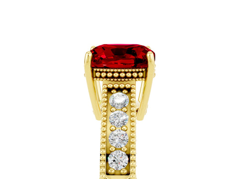Yellow gold Cushion Cut Ruby Ring with Milgrain Pavé Band and Four-Prong Setting_17