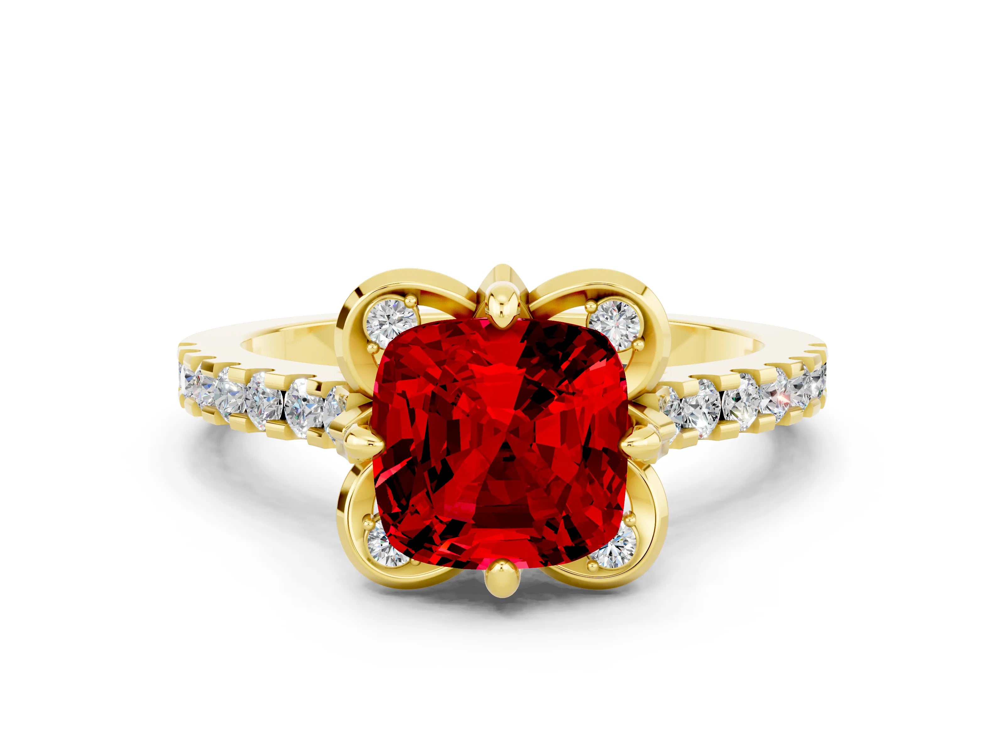 Yellow gold Cushion Cut Ruby Ring with Pavé Band and Floral Prong Setting