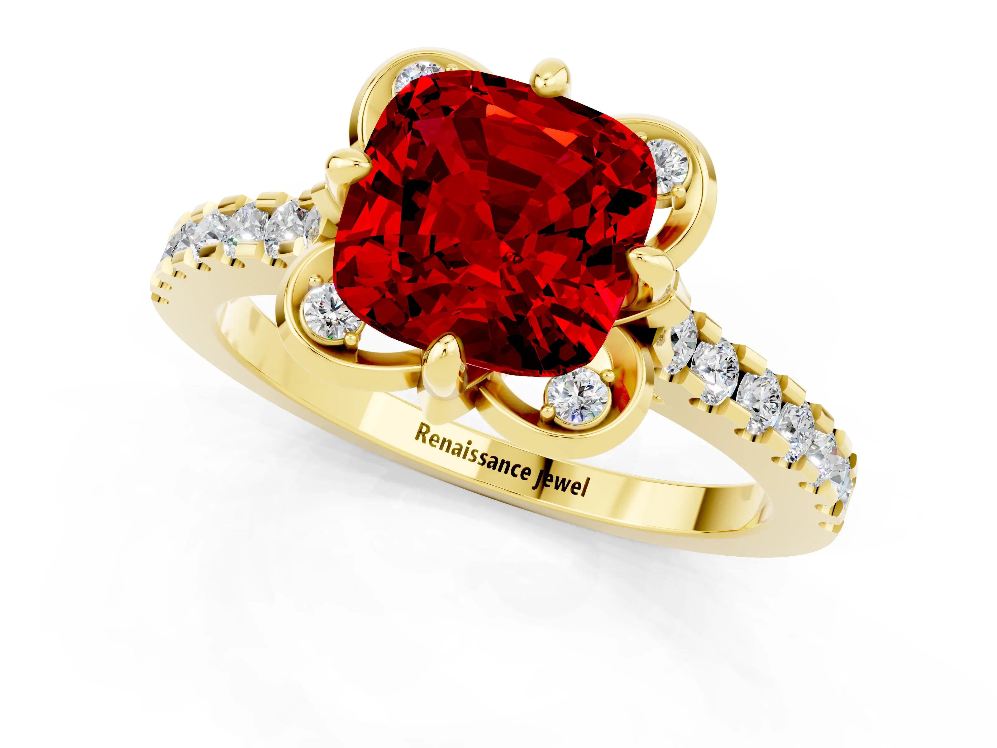 Yellow gold Cushion Cut Ruby Ring with Pavé Band and Floral Prong Setting_1