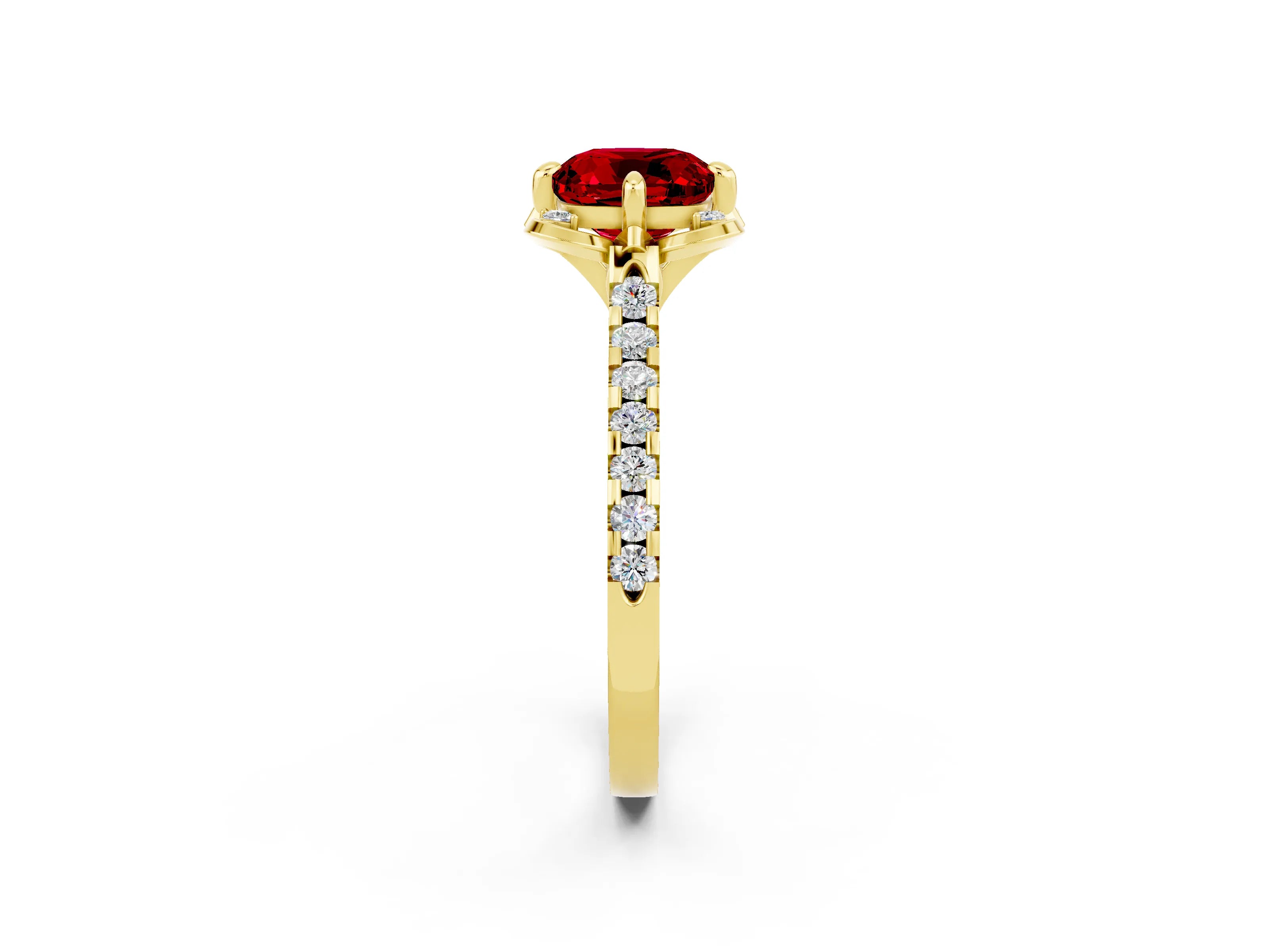 Yellow gold Cushion Cut Ruby Ring with Pavé Band and Floral Prong Setting_2