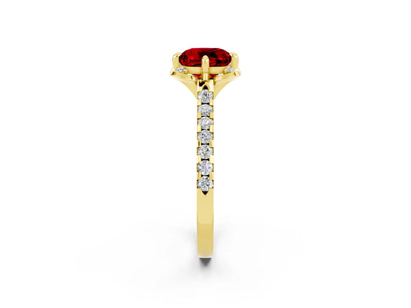 Yellow gold Cushion Cut Ruby Ring with Pavé Band and Floral Prong Setting