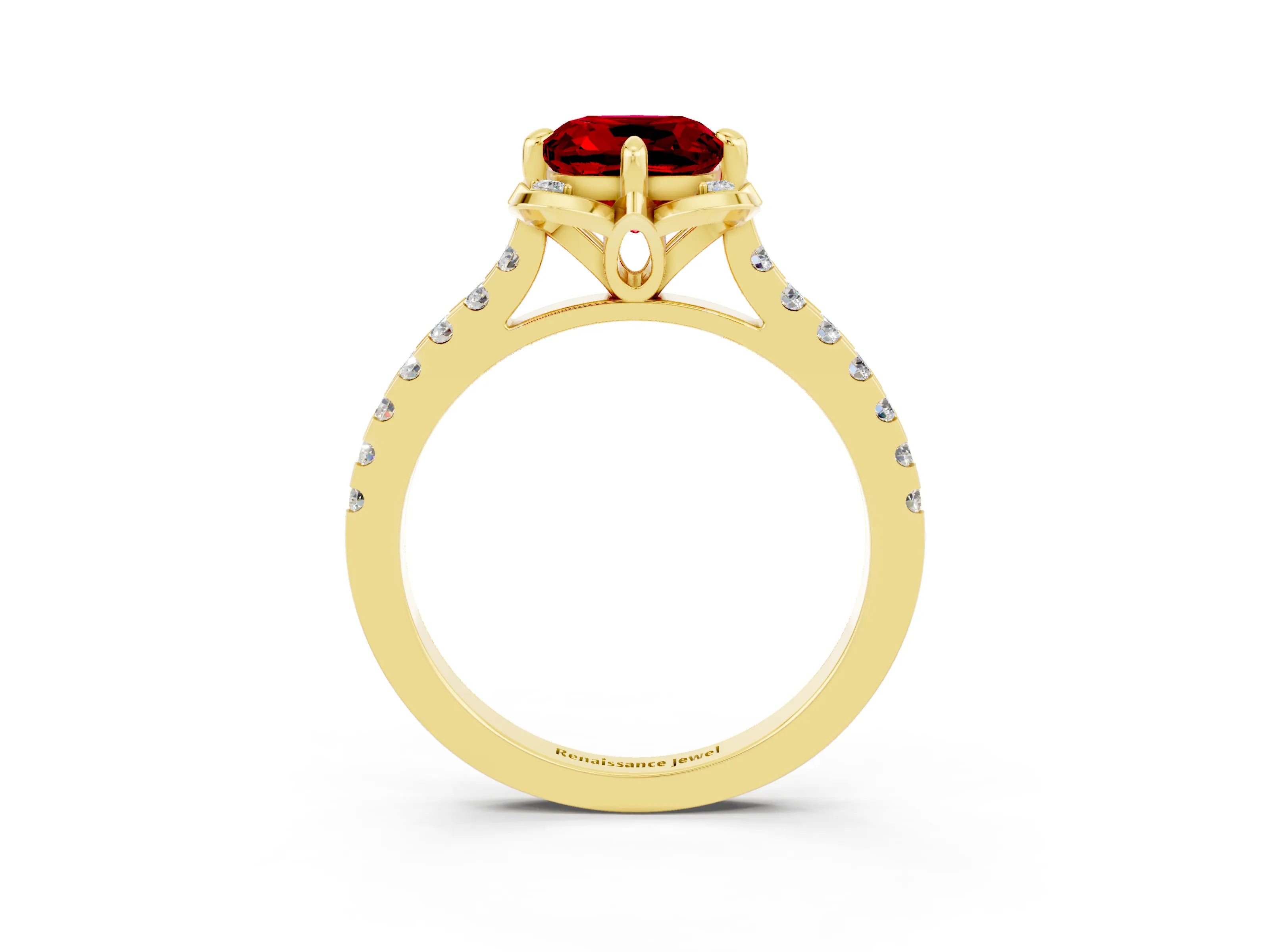 Yellow gold Cushion Cut Ruby Ring with Pavé Band and Floral Prong Setting_3