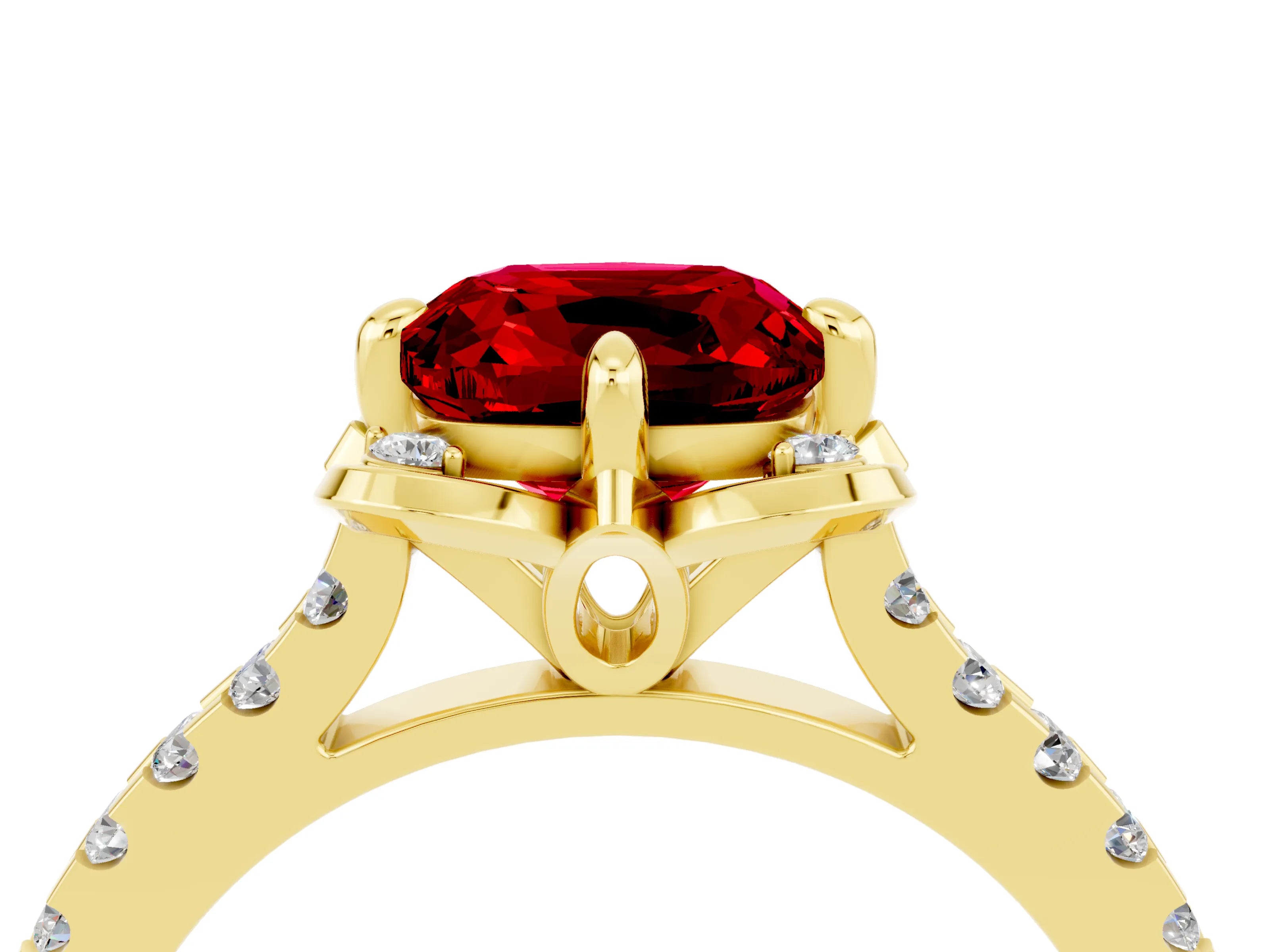 Yellow gold Cushion Cut Ruby Ring with Pavé Band and Floral Prong Setting_4