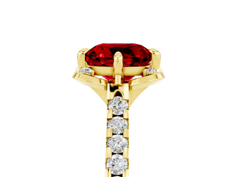 Yellow gold Cushion Cut Ruby Ring with Pavé Band and Floral Prong Setting_5