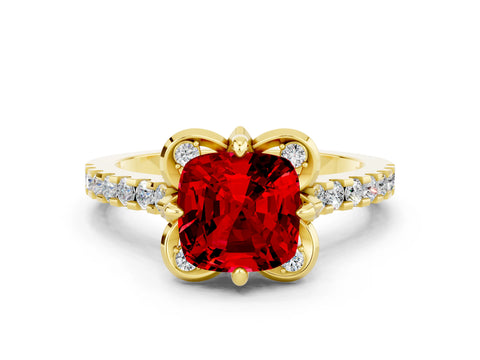 Yellow gold Cushion Cut Ruby Ring with Pavé Band and Floral Prong Setting