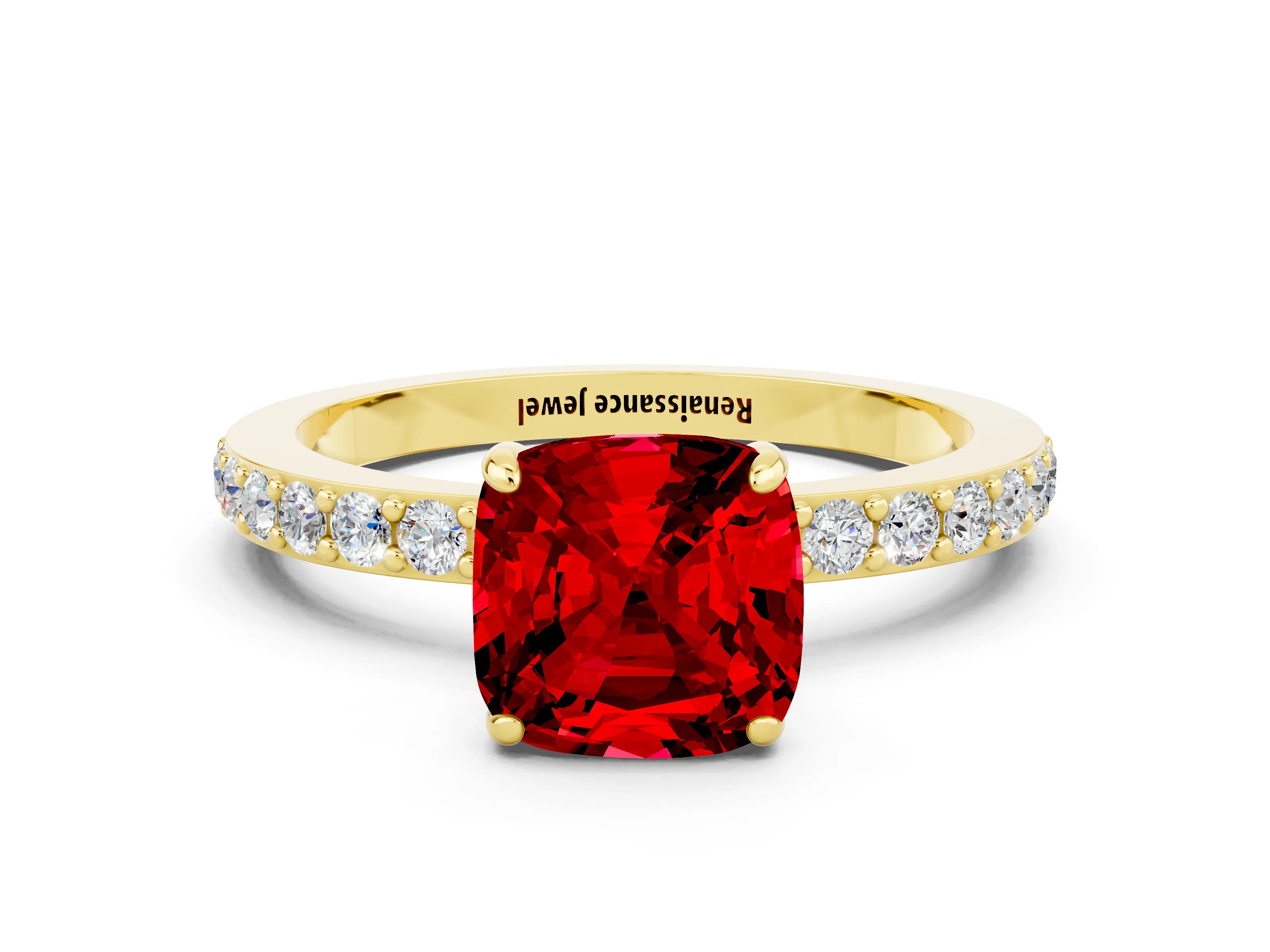 Yellow gold Cushion Cut Ruby Ring with Pavé Band and Four-Prong Setting