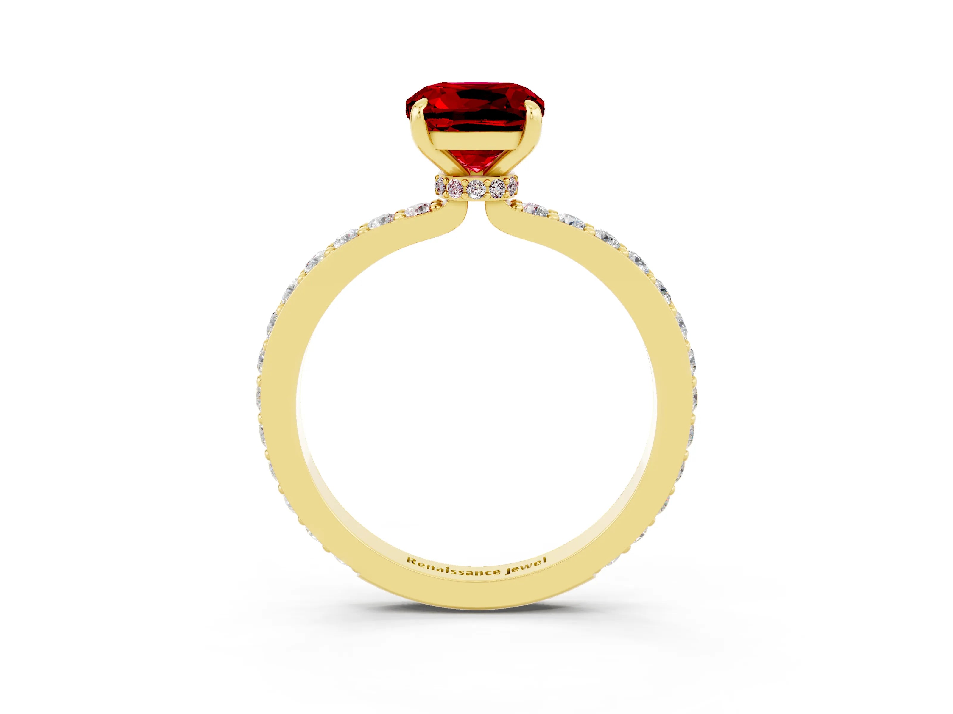 Yellow gold Cushion Cut Ruby Ring with Pavé Band and Four-Prong Setting_3