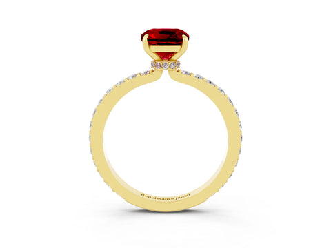 Yellow gold Cushion Cut Ruby Ring with Pavé Band and Four-Prong Setting_3