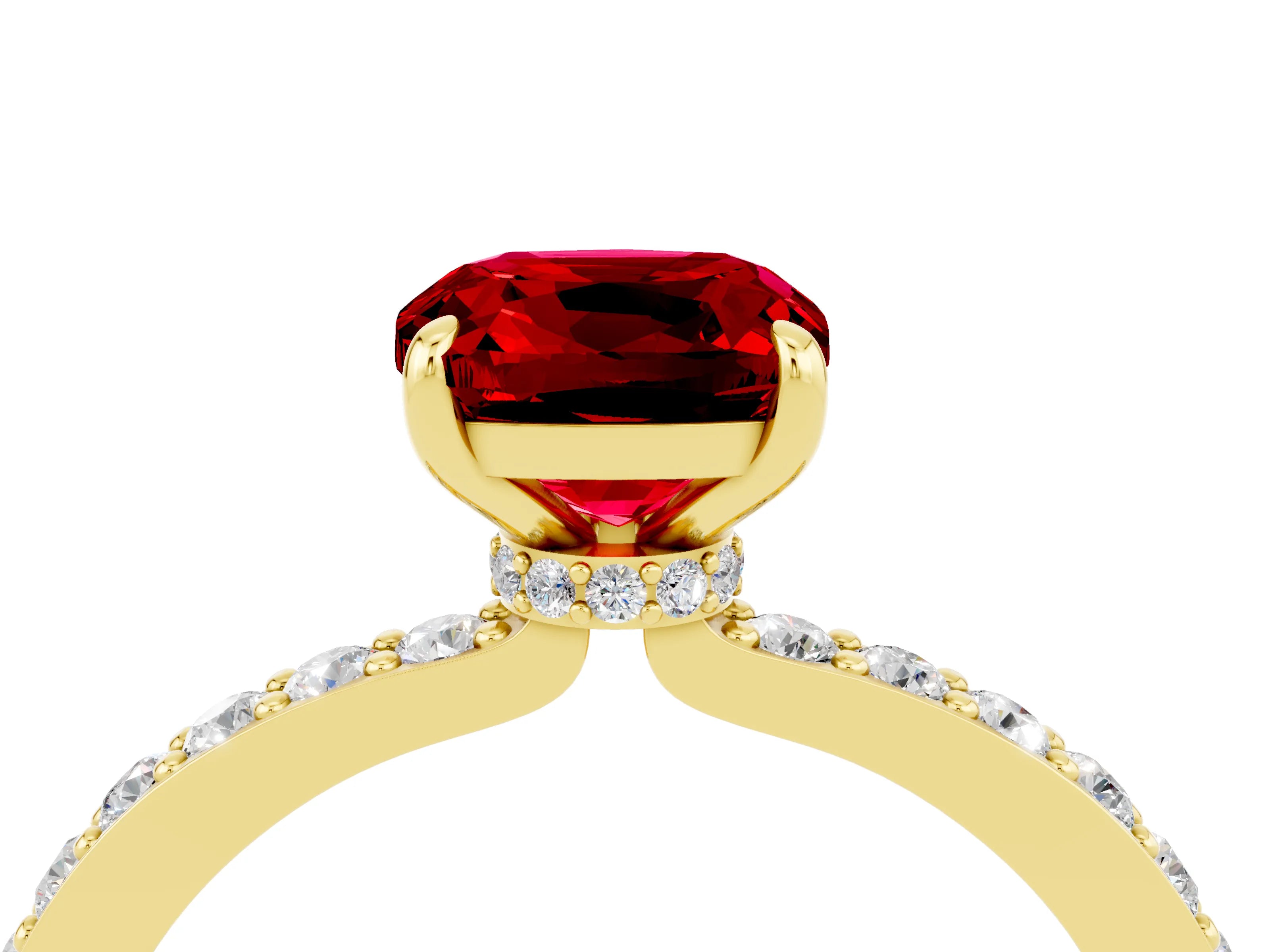 Yellow gold Cushion Cut Ruby Ring with Pavé Band and Four-Prong Setting_4