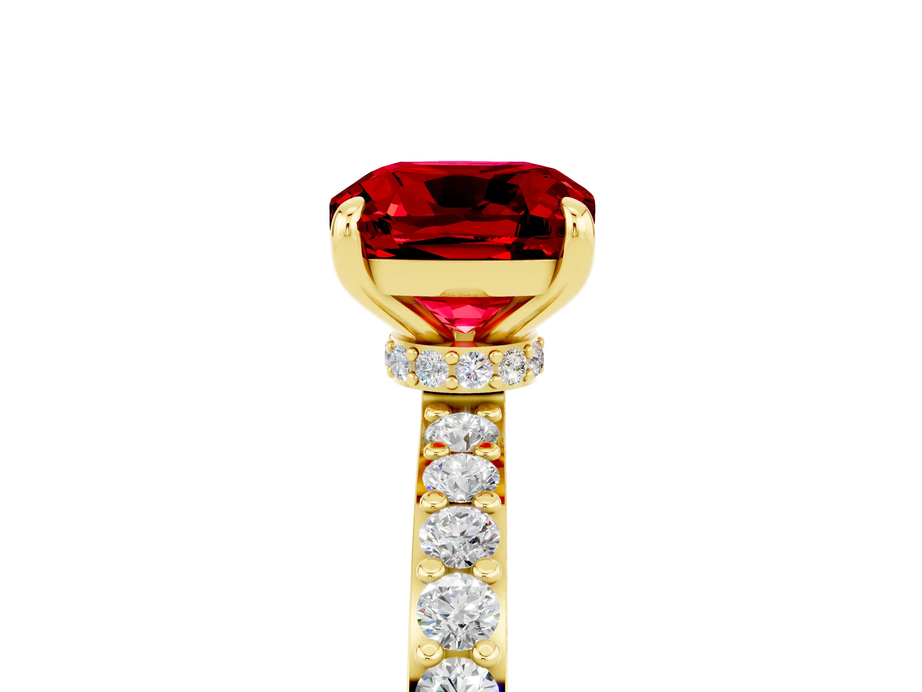 Yellow gold Cushion Cut Ruby Ring with Pavé Band and Four-Prong Setting_5