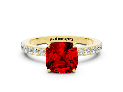Yellow gold Cushion Cut Ruby Ring with Pavé Band and Four-Prong Setting