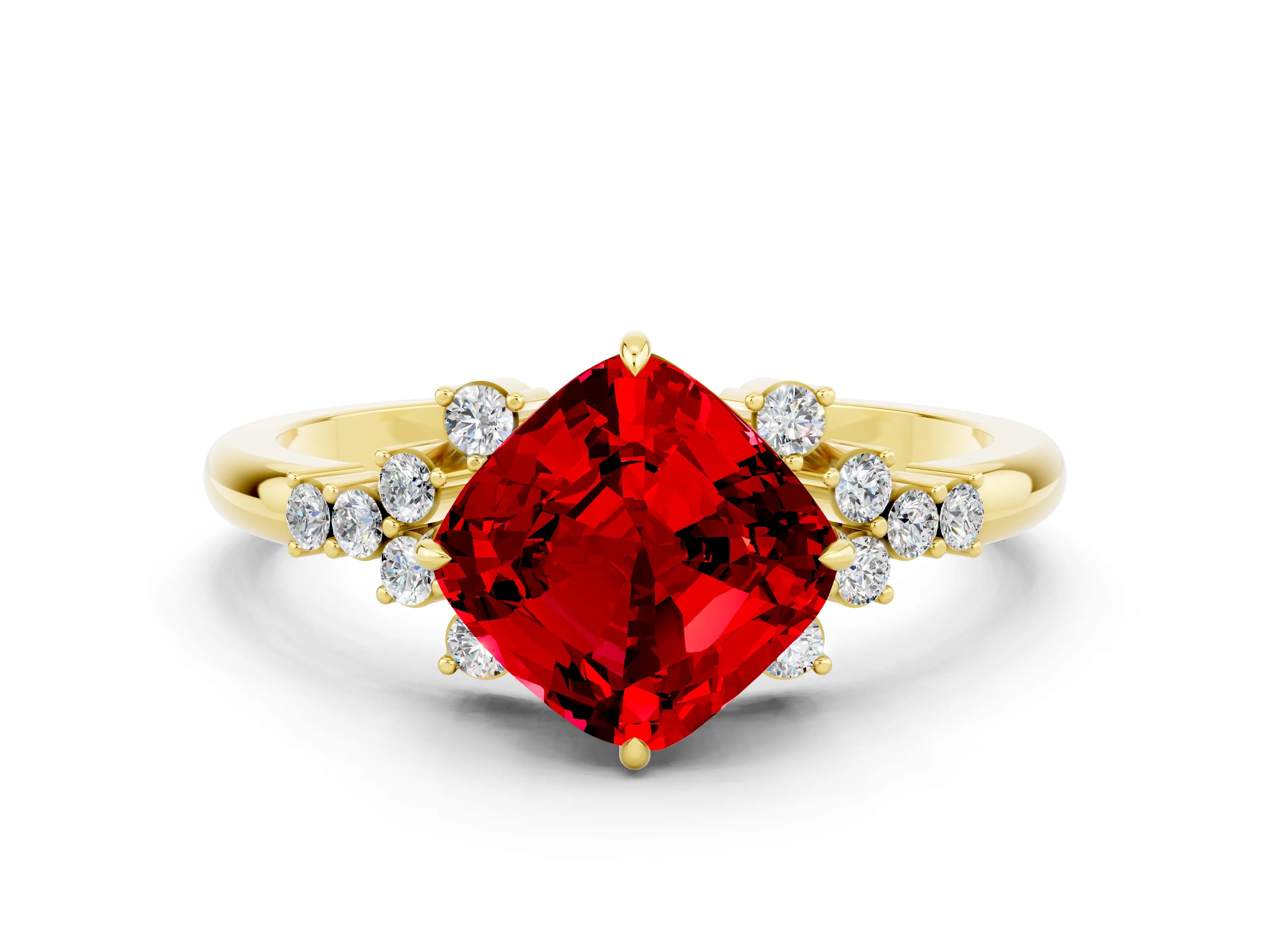 Yellow gold Cushion Cut Ruby Ring with Side Stones and Four-Prong Setting_36