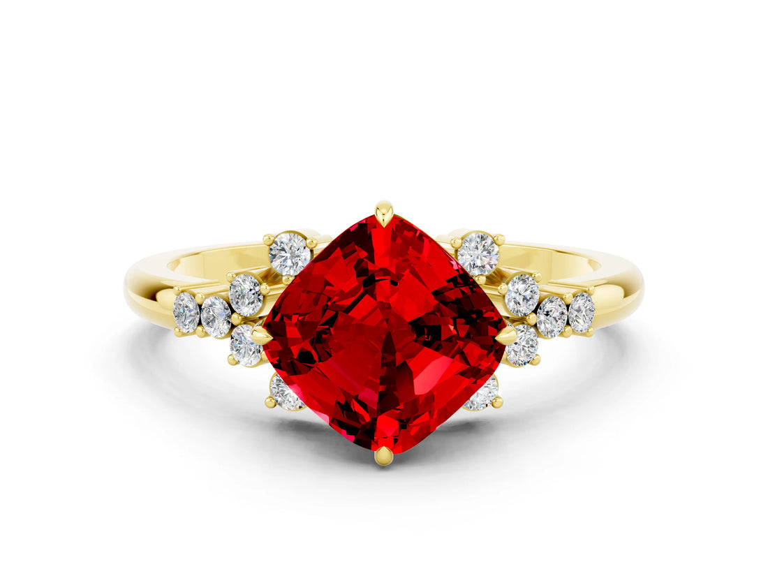 Yellow gold Cushion Cut Ruby Ring with Side Stones and Four-Prong Setting_36