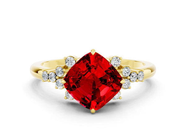 Yellow gold Cushion Cut Ruby Ring with Side Stones and Four-Prong Setting
