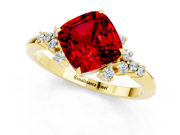 Yellow gold Cushion Cut Ruby Ring with Side Stones and Four-Prong Setting