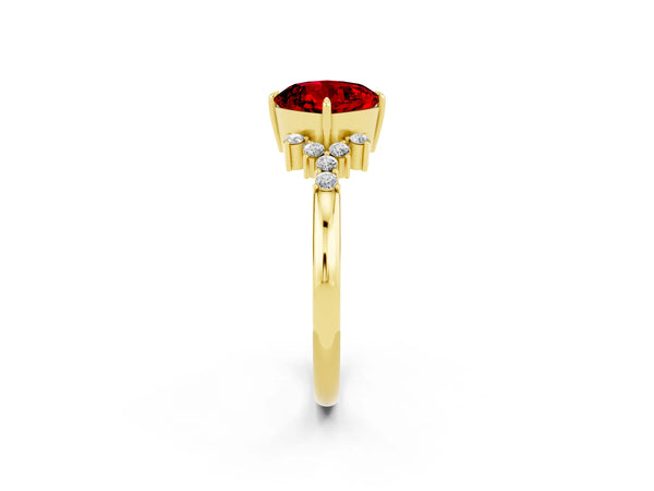Yellow gold Cushion Cut Ruby Ring with Side Stones and Four-Prong Setting