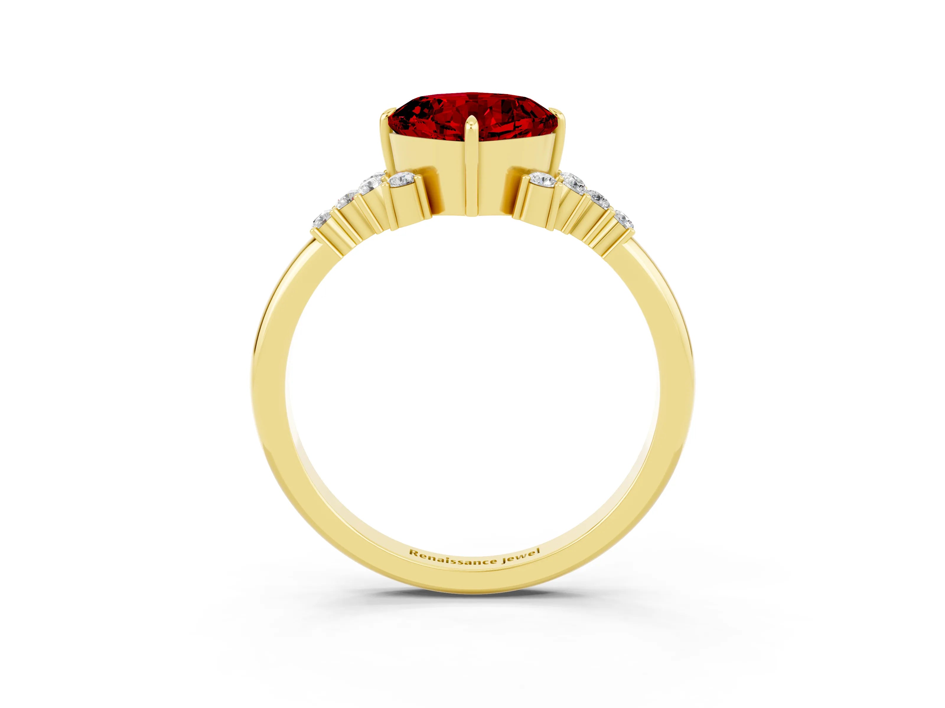 Yellow gold Cushion Cut Ruby Ring with Side Stones and Four-Prong Setting_39